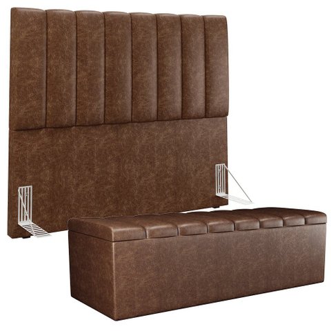 Kit Cabeceira Cama Box Casal 140cm Calçadeira Recamier Baú Dália W01 Couríssimo Marrom - Lyam