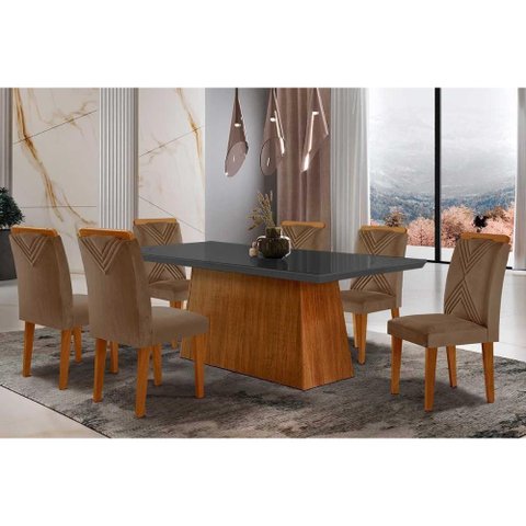 Sala de Jantar Completa Luna Tampo Madeirado C/ Vidro Reto 180x90 e 6 Cadeiras Amsterdã Imbuia -