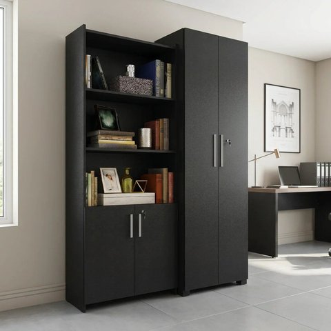Conjunto 2 Armários para Escritório 4 Portas com Chave e 3 Nichos Preto 186 x 131cm