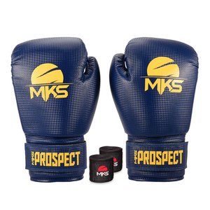 Kit Luva Boxe Muay Thai New Prospect Mks Combat Blue Yellow com Bandagem Preta 10 Oz