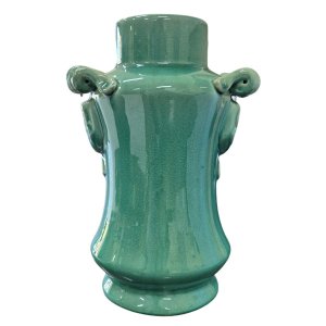 Elegância em Miniatura: Vaso Cerâmico Chinês Verde Jade com Detalhes Esculpidos