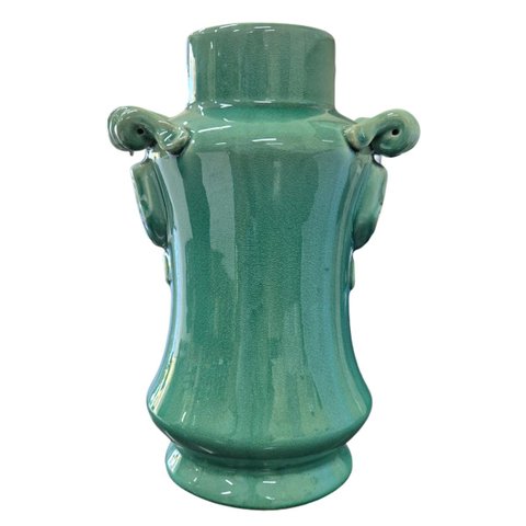Elegância em Miniatura: Vaso Cerâmico Chinês Verde Jade com Detalhes Esculpidos