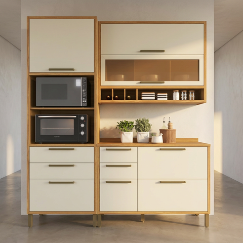 Cozinha Compacta Modulada 100% MDF 3 Peças 6 Portas 5 Gavetas e Vidro 194cm Vicenza Espresso Móveis Bege/Amêndoa/Off White