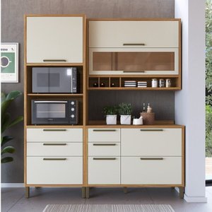 Cozinha Compacta 3 Peças com 6 Portas Vidro e Torre Quente 194cm 100% Mdf Vicenza Espresso Móveis