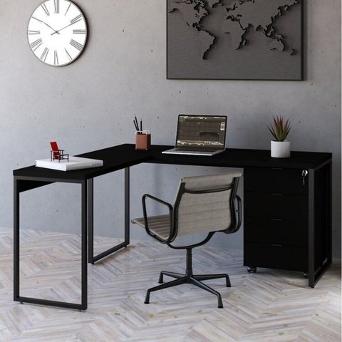 Escrivaninha Mesa Escritório em L Estilo com Gaveteiro Volante 4 Gavetas 150cm Yescasa Preto Ônix