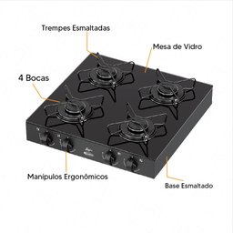 Fogão À Gás Clarice Junior 4 Bocas Glass Vidro Temperado Manual - Preto - 3