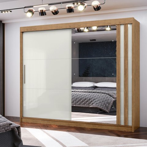 Roupeiro Seul 2 Portas Deslizantes Espelhado 100% Mdf - Freijó/off White