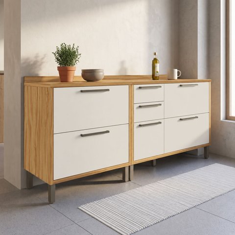 Balcões de Cozinha 100% MDF 3 Portas Basculantes 4 Gavetas e Tampos 200cm Vicenza Espresso Móveis Bege/Amêndoa/Off White