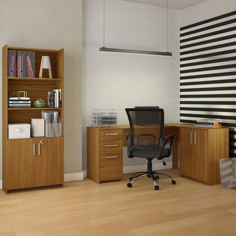 Conjunto 2 Peças com Mesa para Escritório em L e Armário Multiuso Alto Aberto Espresso Móveis Branco Freijó Marrom