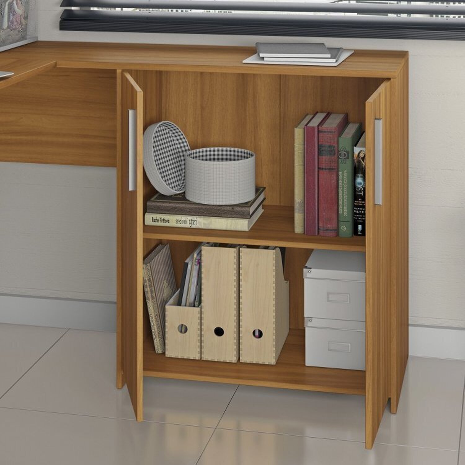 Kit 2 Peças com Mesa para Escritório em L e Armário Multiuso Alto Aberto Espresso Móveis Branco - 15