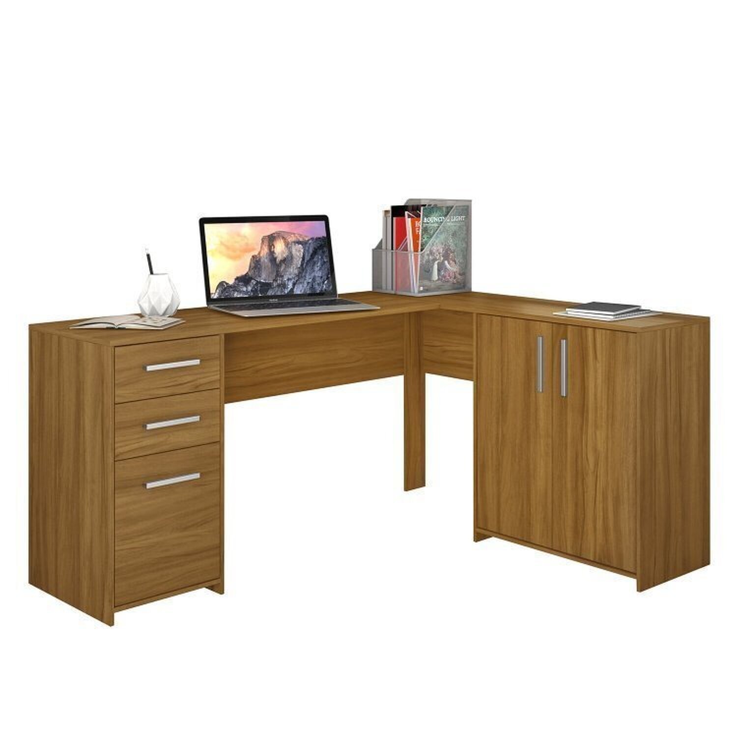 Kit 2 Peças com Mesa para Escritório em L e Armário Multiuso Alto Aberto Espresso Móveis Branco - 16