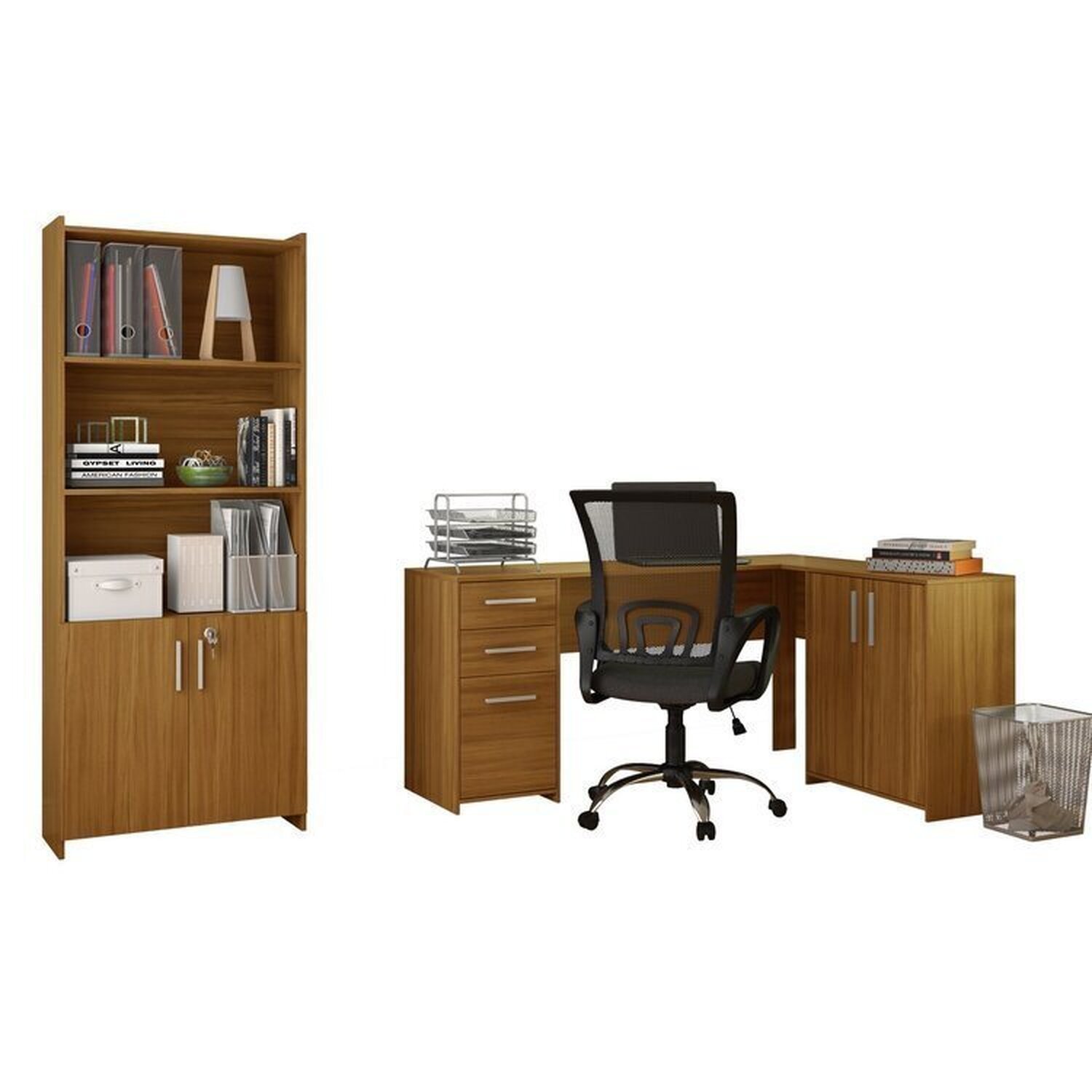 Kit 2 Peças com Mesa para Escritório em L e Armário Multiuso Alto Aberto Espresso Móveis Branco - 2