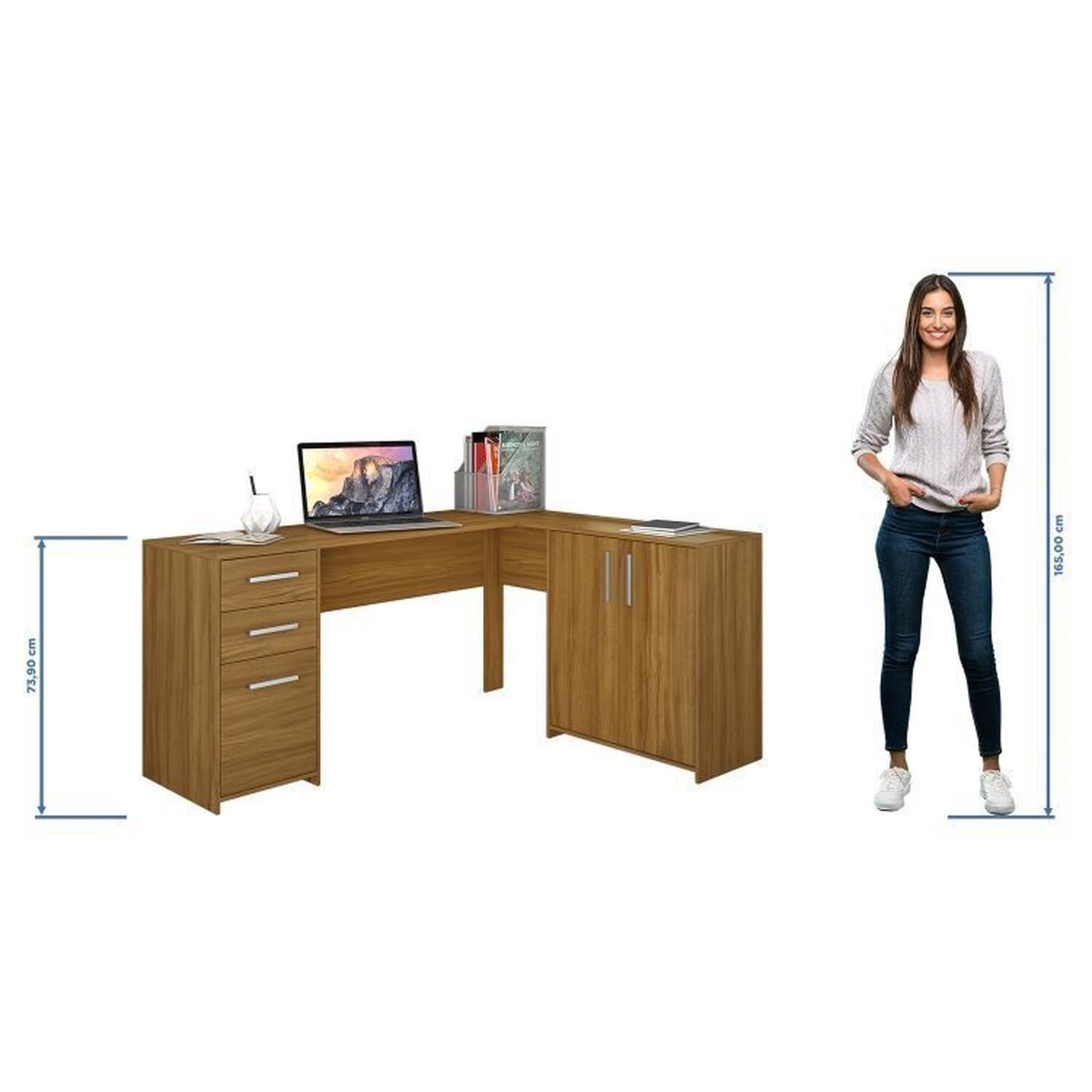 Kit 2 Peças com Mesa para Escritório em L e Armário Multiuso Alto Aberto Espresso Móveis Branco - 18