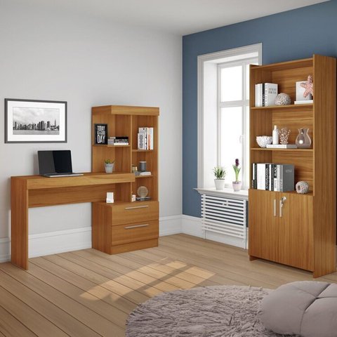 Conjunto 2 Peças 1 Escrivaninha com Estante 1 Armário 2 Portas Espresso Móveis Freijó Marrom
