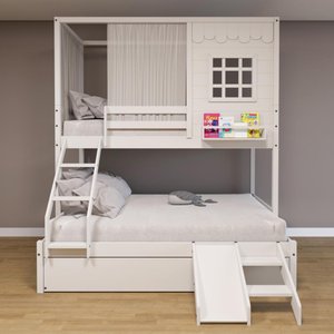 Treliche Casinha Reta Casal/ Solteiro com Escorregador e Cortina Madeira Maciça Branco Housin