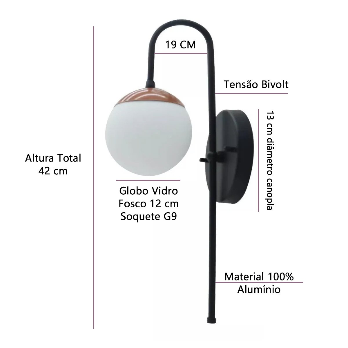 Arandela de Parede Preto com Prato Cobre e Globo Vidro Fosco 12cm Soquete G9 Tensao Bivolt - 2