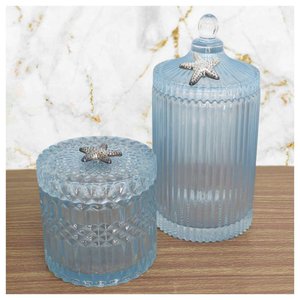 Kit 2 Bomboniere de Vidro Grosso Azul com Detalhe em Metal