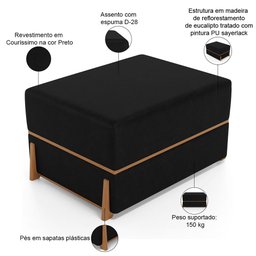 Kit 02 Puffs Decorativo Retangular para Sala de Estar Domus L02 Couríssimo Preto - Lyam Decor - 4