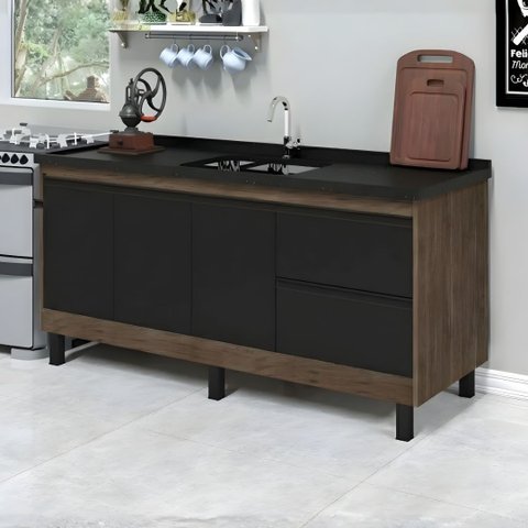 Gabinete Cozinha 2 Gavetas e 3 Porta Armário 144cm Multiuso:avelato/preto