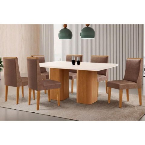 Conjunto: Mesa Sala Jantar Maldivas Tampo c/ Vidro Curvo 180cm+6 Cadeiras Dakota Madeira Naturale/