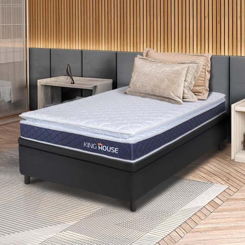 Conjunto Box Baú Preto Durban Azul Espuma D28 Solteiro 88x188x64 - King House