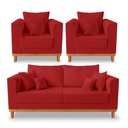 Ver imagem 1 de Kit Sofá 3 Lugares e 2 Poltronas Beny Viena Com Almofadas Decorativa Suede Vermelho - Madeira Prima 