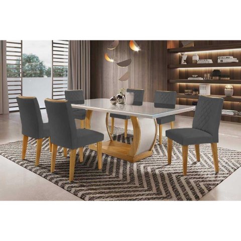 Sala de Jantar Completa Jade Tampo Madeirado C/ Vidro Canto Curvo 180x90cm e 6 Cadeiras Jade Imbuia/