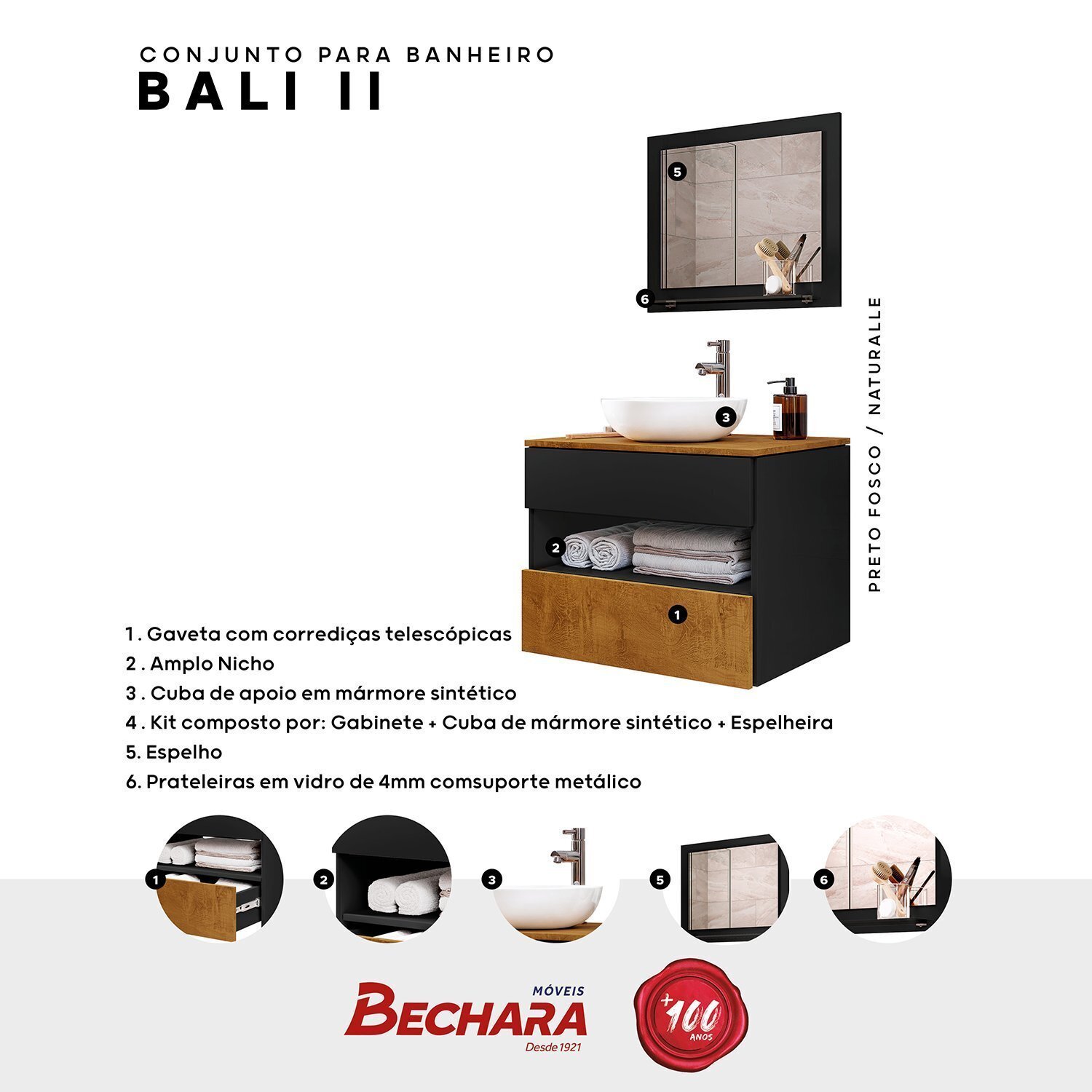 Armário Kit Completo para Banheiro Bali com Espelheira e Gabinete com Corrediça Telescópica - 5