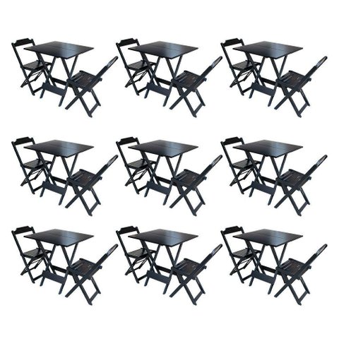 Kit 9 Jogos De Mesa Dobravel Com 2 Cadeiras De Madeira 70X70 Para Restaurante E Bar - Preto