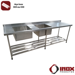 Pia Inox com Prateleira Gradeada e 2 Cubas - Modelo 05 - Inox 430 - 350x70x90 Cm - Cubas 60x50x30 Cm - 2