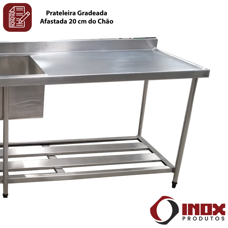Pia Inox com Prateleira Gradeada e 2 Cubas - Modelo 05 - Inox 430 - 350x70x90 Cm - Cubas 60x50x30 Cm - 4