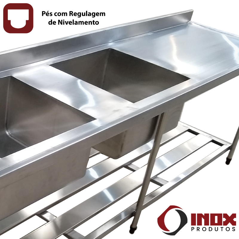 Pia Inox com Prateleira Gradeada e 2 Cubas - Modelo 05 - Inox 430 - 350x70x90 Cm - Cubas 60x50x30 Cm - 6