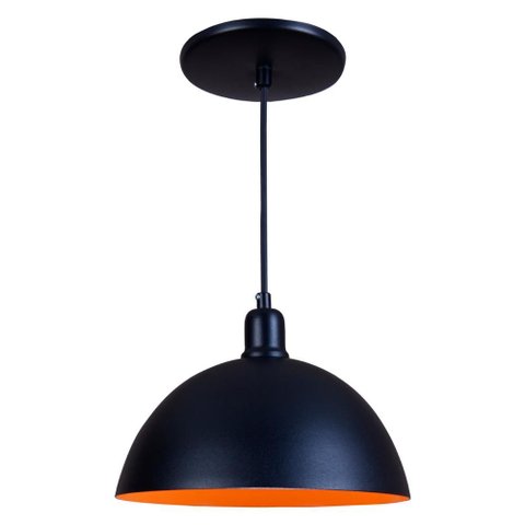Pendente Meia Lua 24cm Luminária Lustre Alumínio Preto Textura C/ Laranja