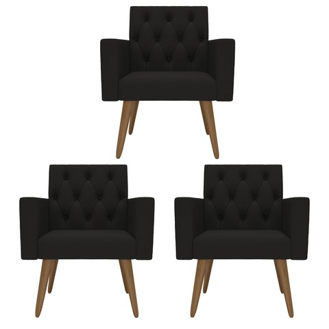 Kit 3 Poltronas Capitonê Confortáveis Loja Recepção Sala Preto