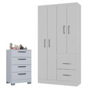 Ver imagem 1 de Cômoda 867 4 Gavetas com Guarda Roupa Solteiro Milão 4 Portas Branco Brilho - Poquema