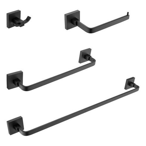 Kit Acessórios para Banheiro Preto Fosco Quadrado Barra Dupla em Aço Inox 4 Peças