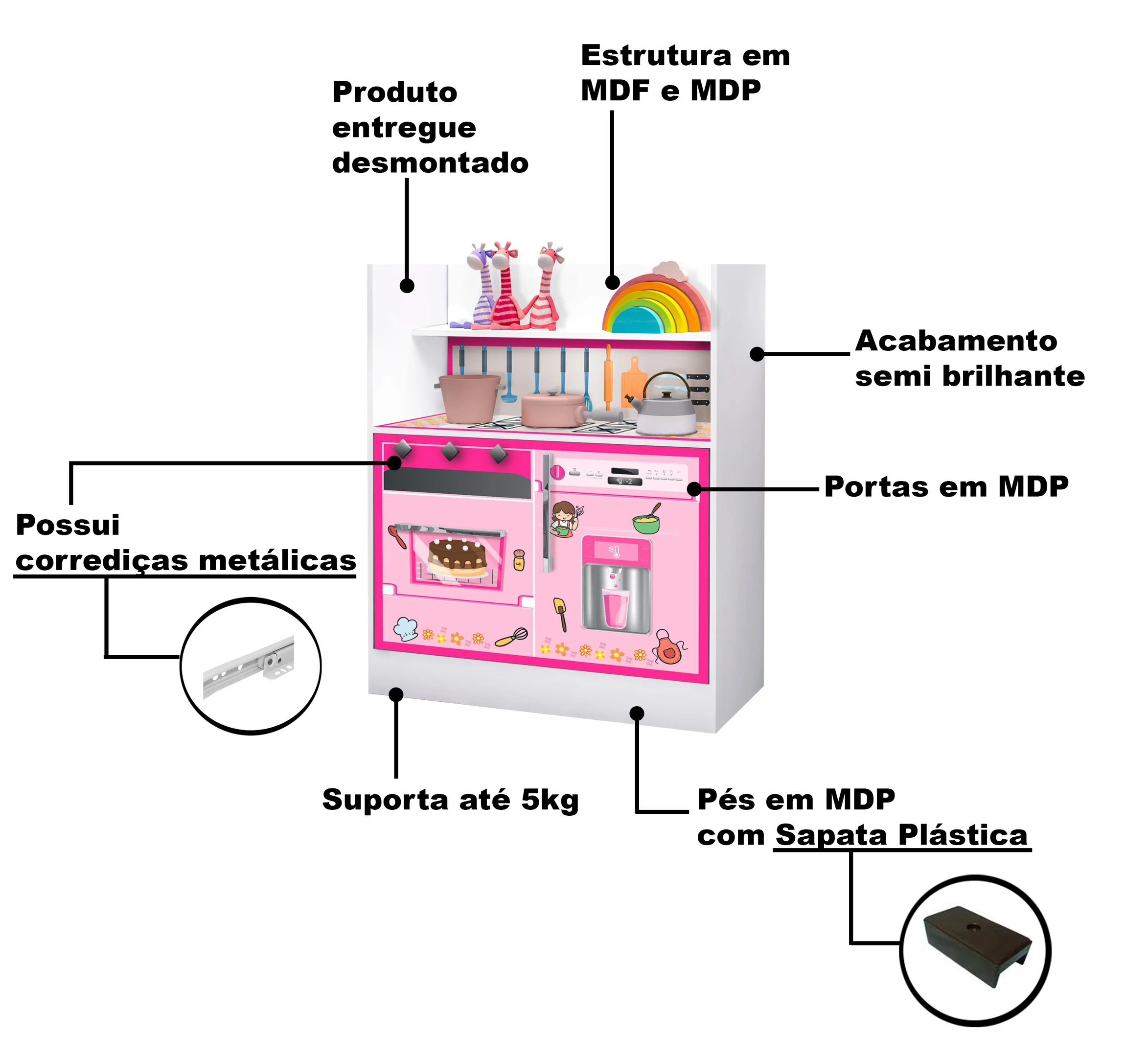 Armário Cozinha Infantil Branco com Rosa Pink Magia Gabrielli Móveis - 4