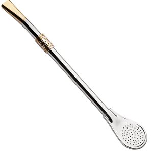 Bomba de Chimarrão Bocal Dourado Ferro Cinza Bojo Pera 19cm