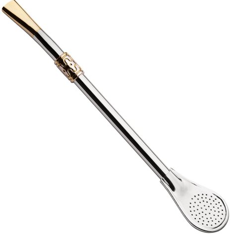 Bomba de Chimarrão Bocal Dourado Ferro Cinza Bojo Pera 19cm