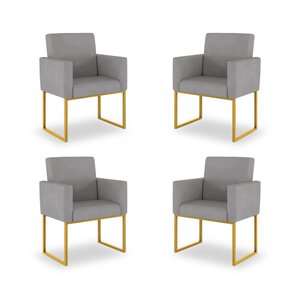 Kit 04 Poltronas Sala Espera Cor Cinza - Base Ferro Dourado