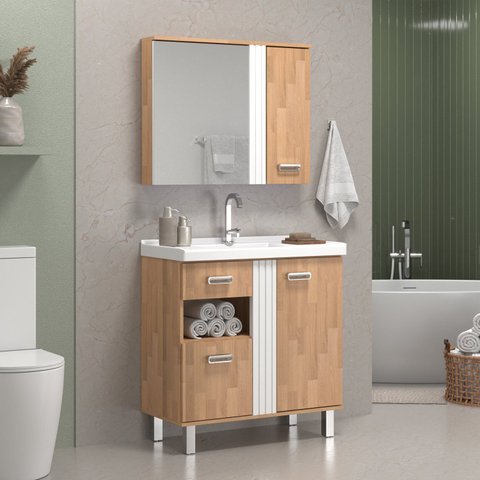 Conjunto de Banheiro Completo Dakota 80cm Bege/Parquet