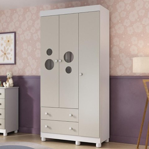 Guarda-roupa Infantil 92cm com Vidro 3 Portas e 2 Gavetas Bombom Multimóveis Mp4462 Branco/off