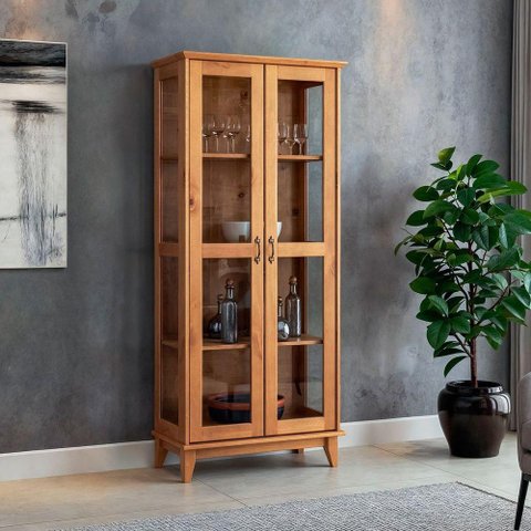 Cristaleira de Madeira Maciça 2 Portas de Vidro Bella Slim Carvalho Fosco