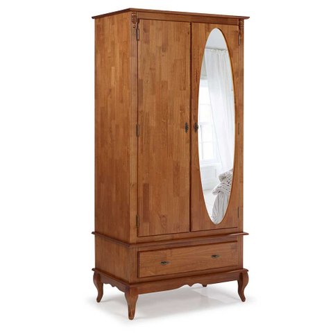 Guarda Roupa Solteiro Madeira Maciça Com Espelho 2 Portas 1 Gaveta 60406E Linz Móveis - Imbuia Glaze