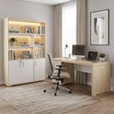 Ver imagem 2 de Mesa Escritorio 4 Gavetas 180x80 cm e Estante com LED 193x136 cm 3 Portas Carvalho Branco Artany