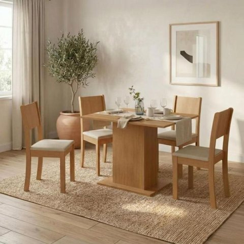 Conjunto de Jantar Guarapari 4 Cadeiras Tampo MDF Linho Bege Amêndoa 104cm Móveis Lopas