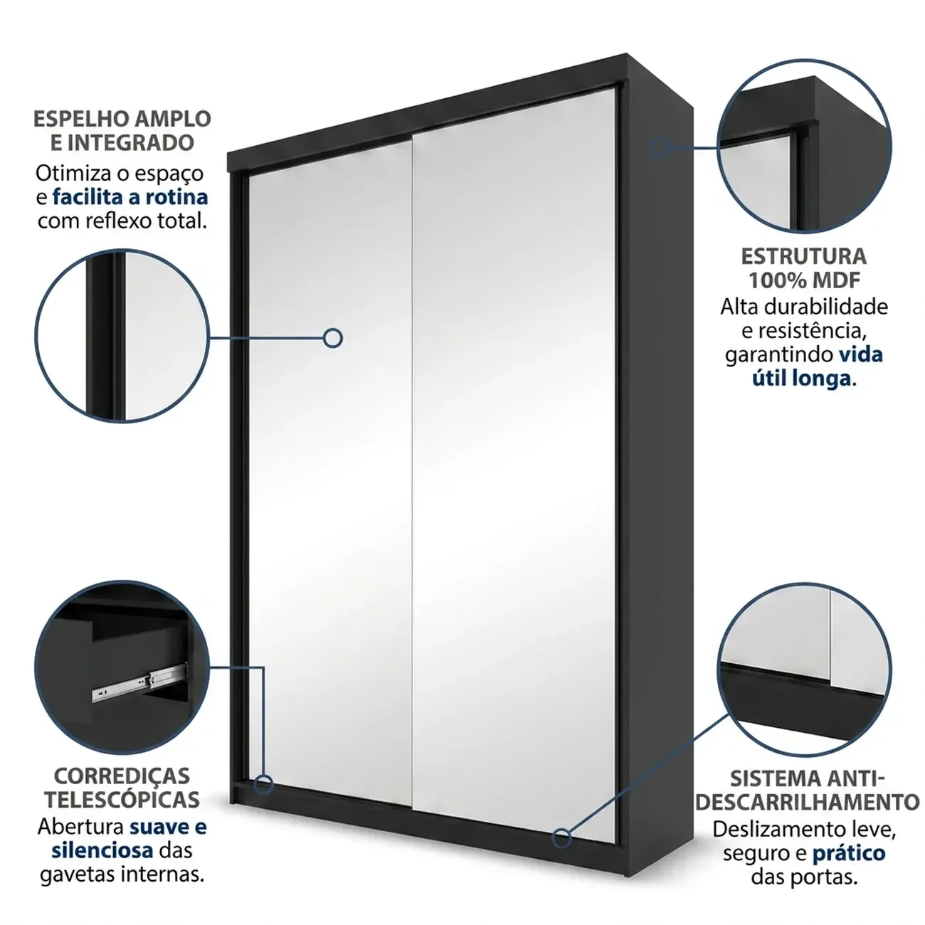 Ver imagem 5 de Guarda-Roupa Solteiro 2 Portas com Espelho 100% MDF Geneve Preto