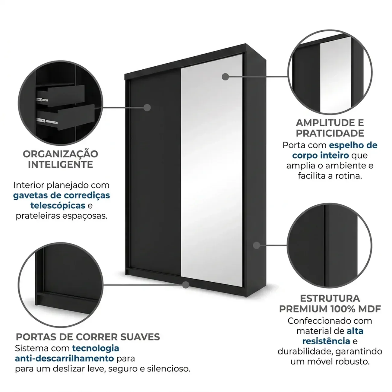 Ver imagem 6 de Guarda-Roupa Solteiro 2 Portas e 1 Espelho 100% MDF Geneve Preto