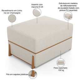 Kit 02 Puffs Decorativo Retangular para Sala de Estar Domus L02 Linho Champagne - Lyam Decor - 4