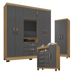 Guarda Roupa Casal Imperial com Armário Multiuso Egito e Cômoda Sapateira Cannes Carvalho Americano  - 1